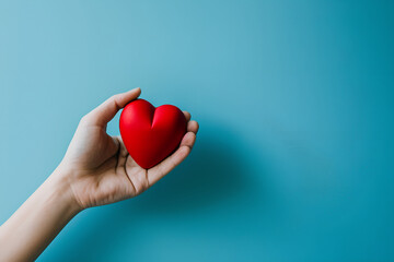 A hand holding a red heart against a blue background.