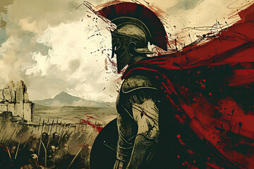An illustration featuring a Spartan soldier wearing a helmet, set against a battlefield background, capturing the essence of ancient warfare and courage.
 - obrazy, fototapety, plakaty