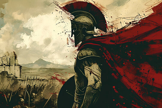 An illustration featuring a Spartan soldier wearing a helmet, set against a battlefield background, capturing the essence of ancient warfare and courage.

