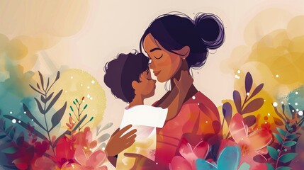 Smiling Woman With Her Hair Tied Up Tenderly Embraces A Child Among A Vibrant, Stylized Background