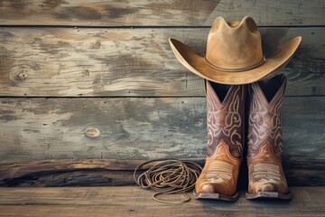 American West cowboy attire on wooden texture backdrop for text - obrazy, fototapety, plakaty