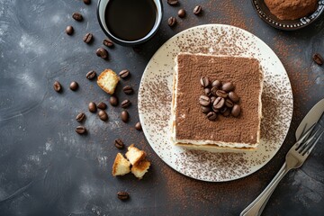 Coffee and Tiramisu dessert viewed from above on a dark background