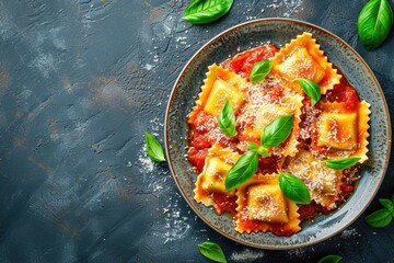 Top down image of ravioli with tomato sauce Parmesan and basil on rustic backdrop space for text - obrazy, fototapety, plakaty