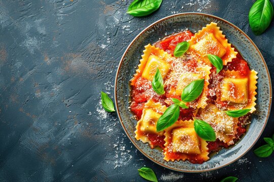 Top down image of ravioli with tomato sauce Parmesan and basil on rustic backdrop space for text