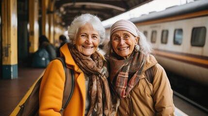 Women on the train station, close senior friends