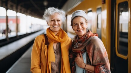 Women on the train station, close senior friends