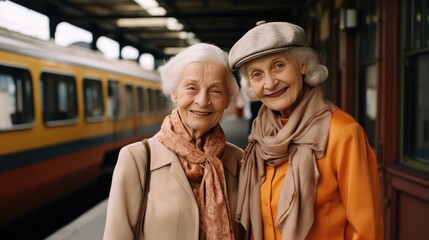Obraz premium Women on the train station, close senior friends