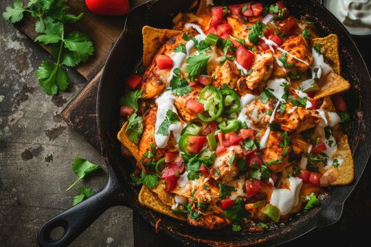 Close up view of spicy Mexican chicken and nachos with fresh herbs cream on rustic skillet