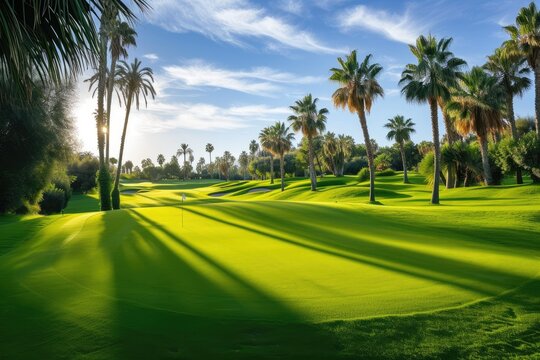 A palm tree lined golf course