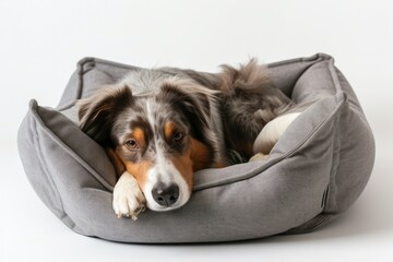 An adorable Australian Shepherd resting on a gray dog bed in a studio on a white background