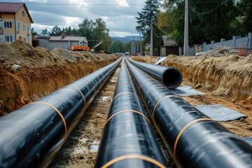 Modern insulated pipe for hot water and heating placed in a trench with a plastic sheath