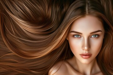 Stunning girl with smooth brown hair using haircare products