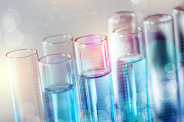 Many test tubes with samples, closeup. Laboratory glassware