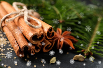 Different spices and fir tree branches on dark table, closeup. Cinnamon, anise, cardamom