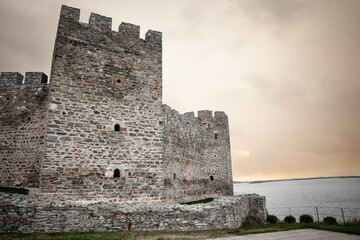 Fototapeta na wymiar Panorama of the Ram fortress during a cloudy dusk sunset in winter. Also called Ramska Tvrdjava, it's a medieval ottoman castle overlooking the danube in Serbia.