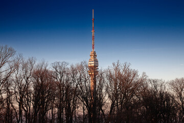 Obraz premium Selective blur on Avala tower, or Avala toranj, seen from below at dusk in front of a forest of trees in winter. It is a TV tower and broadcasting antenna in the suburbs of Belgrade, Serbia.