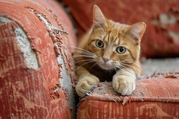 Cat damages sofa with tear proof coating - obrazy, fototapety, plakaty