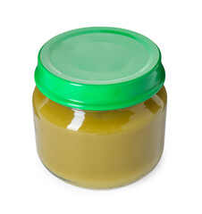 Baby food. Tasty healthy puree in jar isolated on white