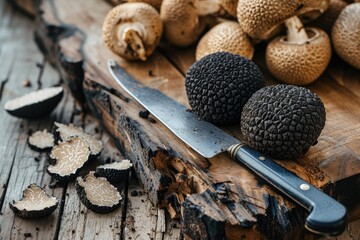 Selective focus on a rustic wooden table with mushrooms and truffles including a knife