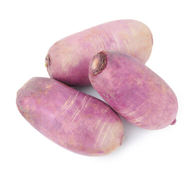 Ripe purple daikon radishes isolated on white, top view