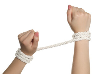 Freedom concept. Woman with tied arms on white background, closeup
