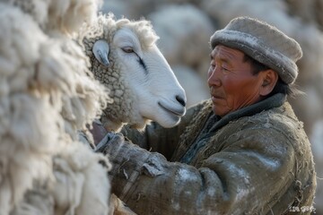 A traditional Mongolian goat farmer hand shears a sheep using centuries old scissors predating electric alternatives