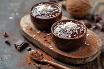 Dark chocolate cake with coconut topping served on wooden board Selective focus horizontal