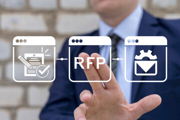 Businessman using virtual touch interface presses abbreviation: RFP. Request For Proposal ( RFP ) Business Finance Education Concept. Request for information. - obrazy, fototapety, plakaty