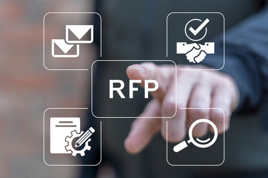 Man using virtual touch interface presses abbreviation: RFP. Request For Proposal ( RFP ) Business Finance Education Concept.