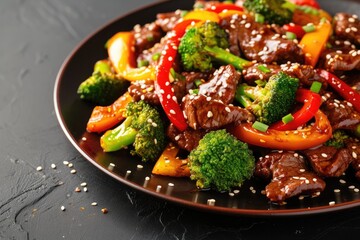 Close up of Asian teriyaki beef with bell peppers broccoli and sesame seeds on a black table Horizontal shot