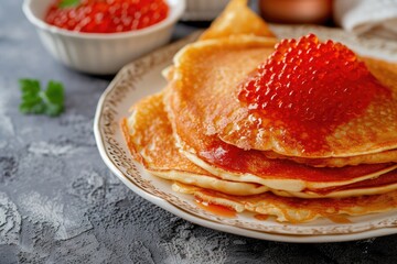 Russian pancakes with red caviar are a delightful dish enjoyed during Shrovetide for breakfast or dinner