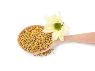 Spoon with fresh bee pollen granules and flower isolated on white, top view