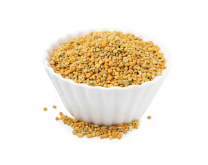 Fresh bee pollen granules in bowl isolated on white