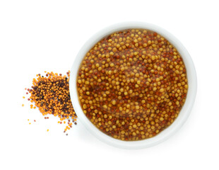 Fresh whole grain mustard in bowl and dry seeds isolated on white, top view