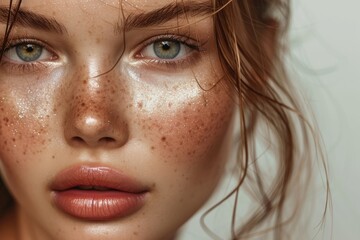 Portrait of a naturally made up model with a fashionable shimmer on skin and glossy makeup on lips