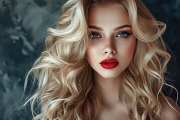 Fototapeta premium Gorgeous girl with flowing hair Blonde with curly do and red lips