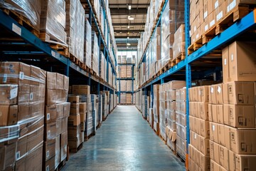 Fototapeta premium Warehouse with high shelving and boxes.
