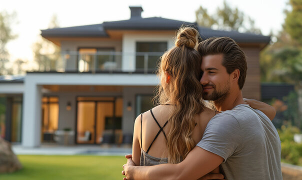Couple embracing in front of their new big modern house, rear view. Buying your dream home. 
