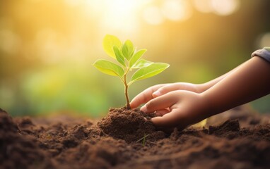 With innocence and reverence, youngsters embrace a fledgling seedling amidst vibrant nature, under the warm embrace of sunlight, portraying the essence of Earth-friendly living - obrazy, fototapety, plakaty