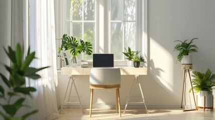 A well-organized desk space with plants and natural sunlight in a modern home office. Resplendent.