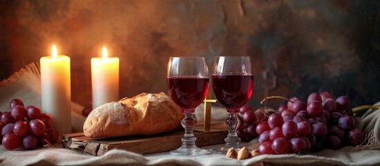 Obraz premium Symbolic elements of Holy Communion include Last Supper Wine and bread, the cross of suffering, candles, and the Bible, representing the sacred body and blood of Jesus Christ.