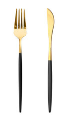 Golden fork and knife isolated on white, top view