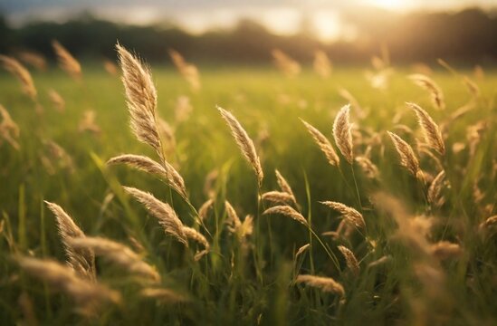 Paisaje, close up  de hierba o pasto alto silvestre bañado por la luz del sol.