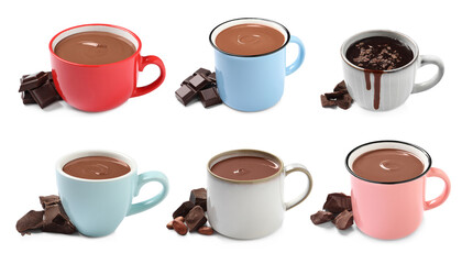 Delicious hot chocolate in cups isolated on white, set