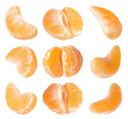Pieces of fresh ripe tangerine isolated on white, set