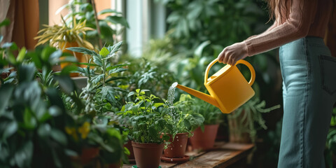 girl watering house plants from a watering can, woman gardener in a greenhouse, flowers, nature, greens, hobby, gardening, lifestyle, foliage, sprouts, pot, water, people, equipment, banner