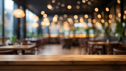 Empty wooden table top with bokeh lights in blur restaurant background. - Powered by Adobe