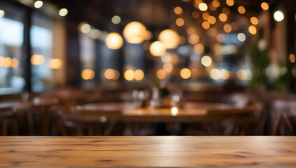 Empty wooden table top with bokeh lights in blur restaurant background.