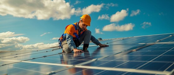 Rooftop Solar Panel Installation: Man at Work

 - obrazy, fototapety, plakaty