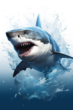 White shark with open jaw in water in vertical format